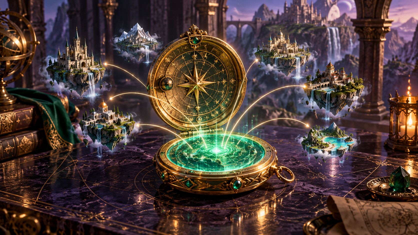 Astrolabio dorado abriendo un portal de navegación móvil